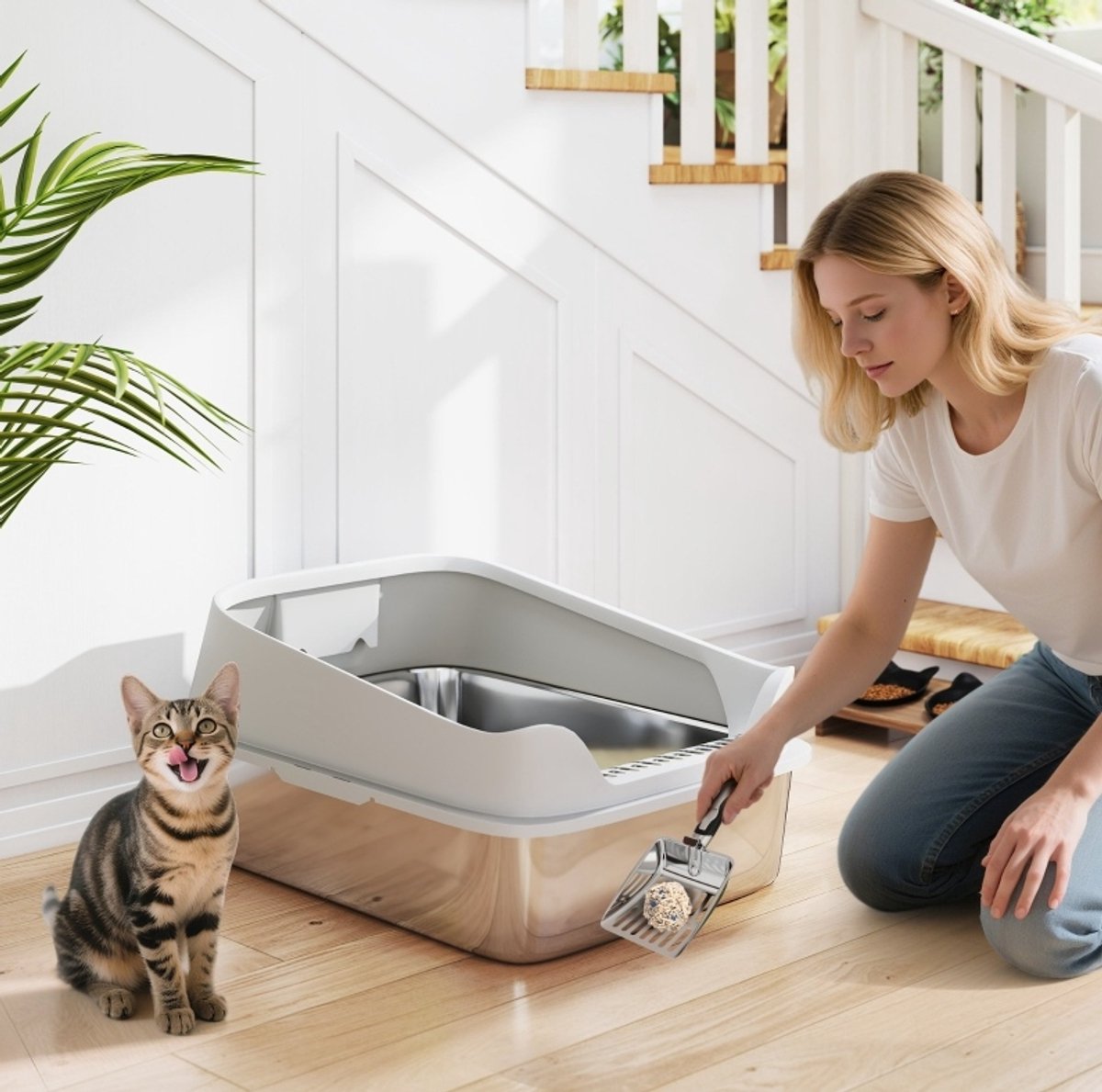 COVREO Katzentoilette 69,8 x 50,3 x 29,8 cm, grijs, roestvrij staal, XXL