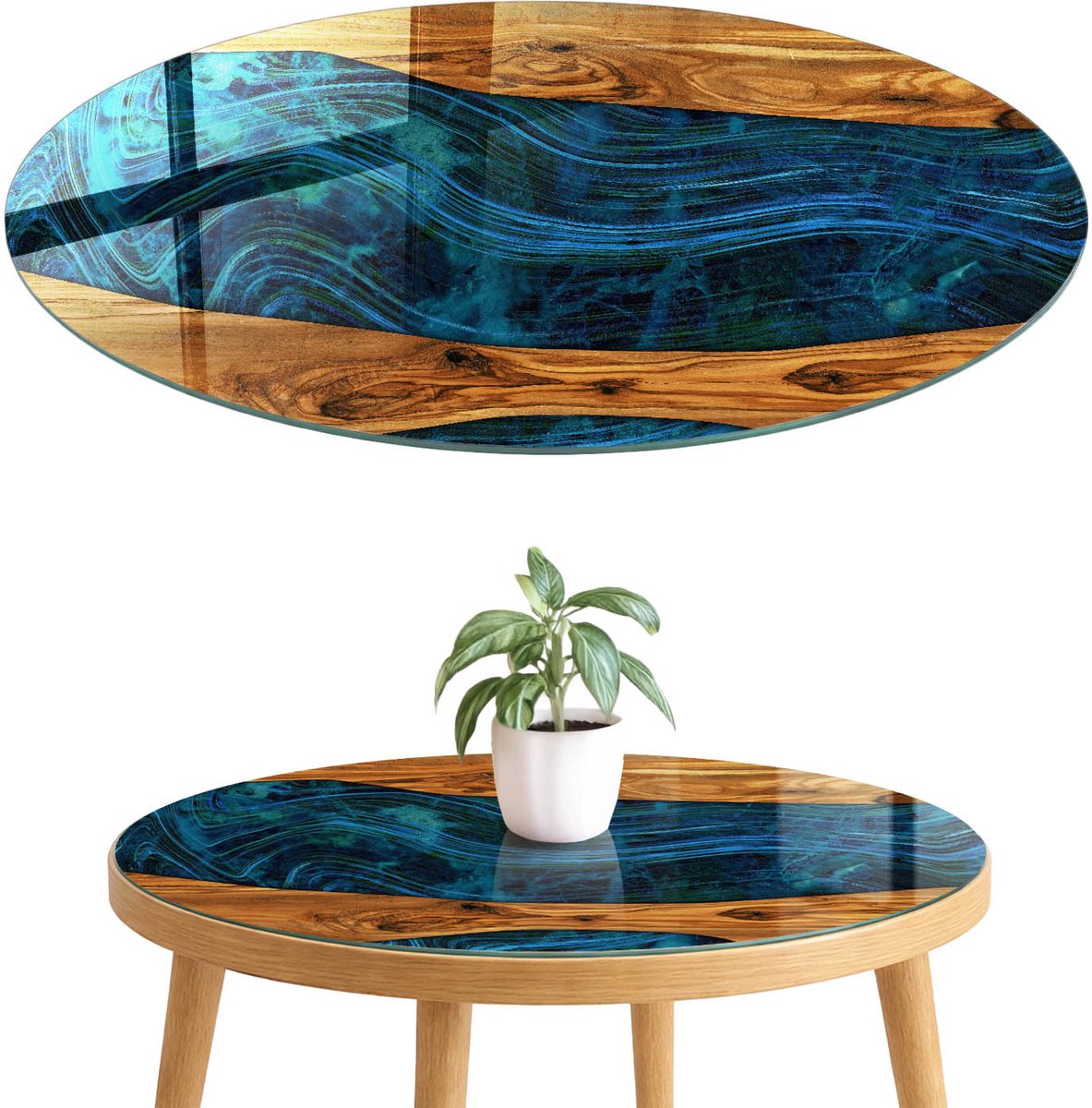 ArtPrintCave Houten golven Glazen Tafelblad fi70 cm - Tafelblad Rond - Bruin Eettafel Met Glasplaat - Natuur Terrastafel