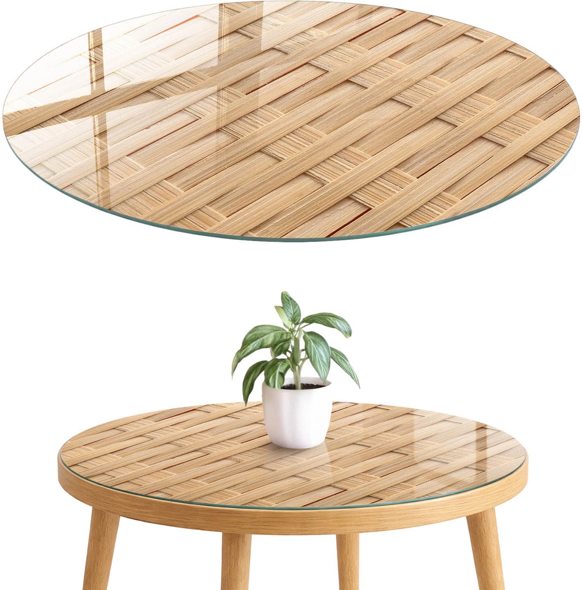 ArtPrintCave Gevlochten textuur Glazen Tafelblad fi70 cm - Tafelblad Rond - Beige Keukentafel - Texturen Glazen Eettafel