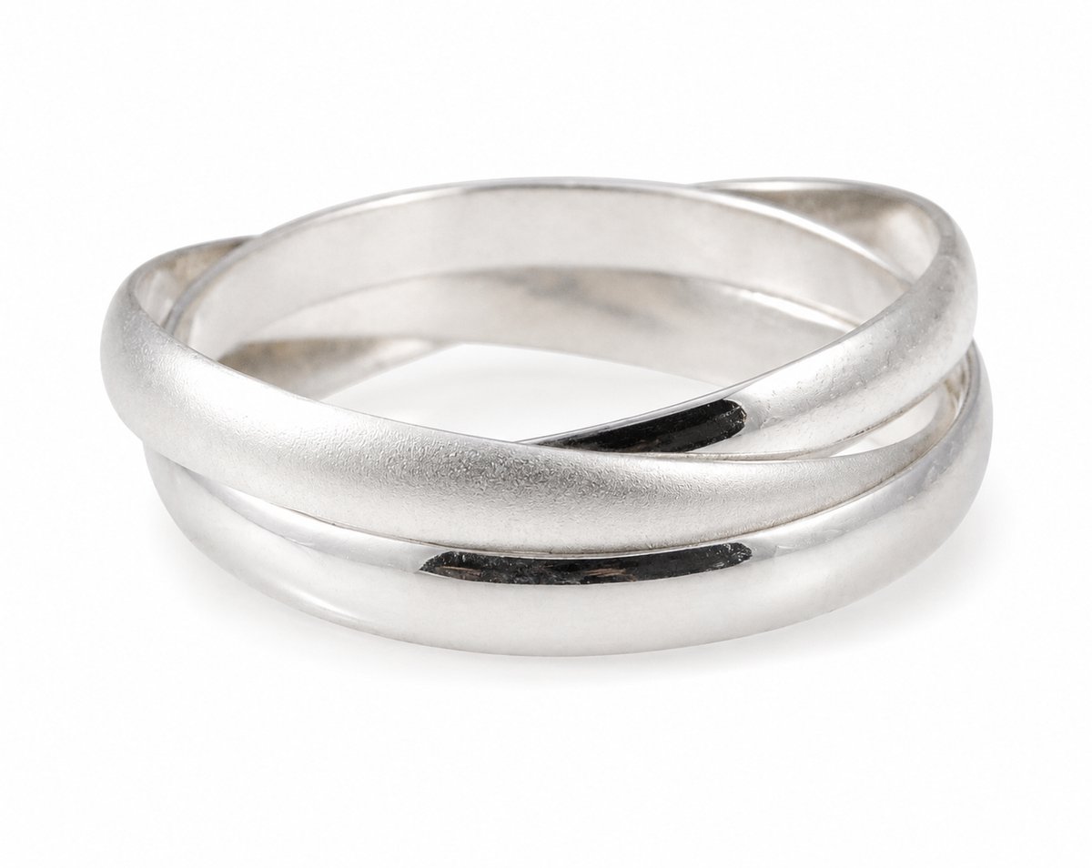 925 Zilveren Damesring – 3 Door Elkaar Gevlochten Ringen – 17 mm -Mat & Glanzend Design – Sterling Zilver