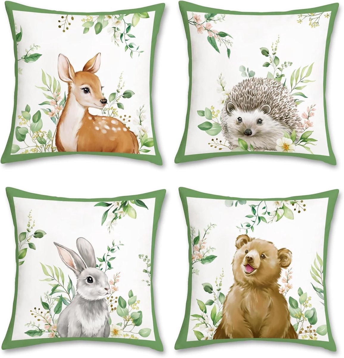 Set van 4 Decoratieve Kussenhoezen met Bosdieren, 45 x 45 cm, Geschikt voor Sofa en Kinderkamer, Groen Bladeren, Hert, Konijn, Beer