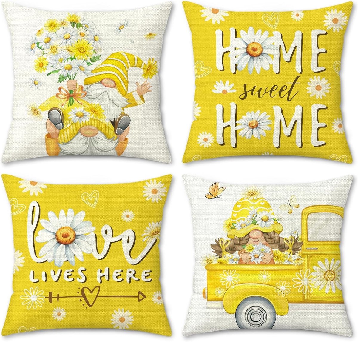 Set van 4 Decoratieve Kussenhoezen 45x45 cm Polyester Linnen met Bloemen en Auto Motief voor Woonkamer en Slaapkamer in Lente Stijl