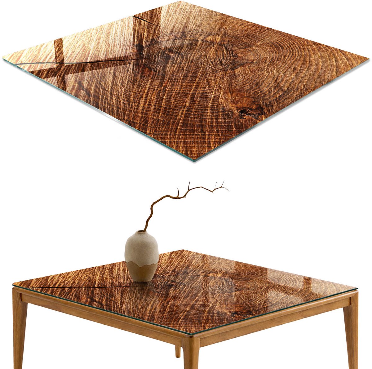 ArtPrintCave Houtdoorsnede Glazen Tafelblad 60x60 cm - Tafelblad Rechthoek - Bruin Eettafel Met Glasplaat - Texturen Glazen Eettafel