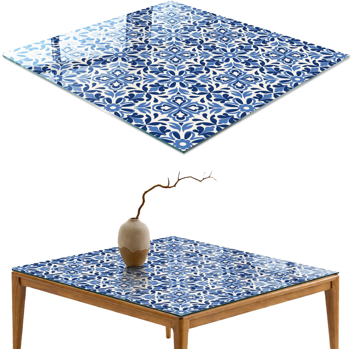 ArtPrintCave Bloemenmozaïek Glazen Tafelblad - 50x50 cm - Tafelblad Vierkanten - Blauw Eettafel Met Glasplaat - Teksten Bureaublad