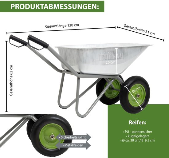 2-wielige kruiwagen gegalvaniseerd 150L tuinkruiwagen bouw kruiwagen kantelvast PU wielen lekvrij van Merkloos	 — afbeelding 5