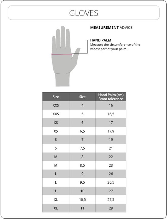 Maattabel voor handschoenen met instructies voor het opmeten van de handpalm.
