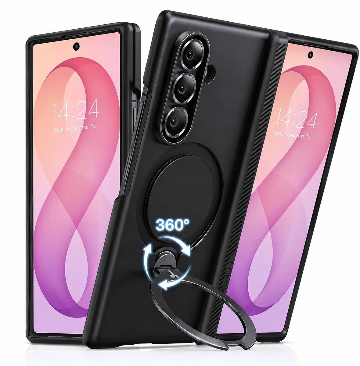 TORRAS Ostand Q3 Spin Hoesje Geschikt voor Samsung Galaxy Z Fold 8 Ultra - Compatibel met MagSafe / Qi2 - 360° Draaibare Magnetische Standaard - Back Cover Kickstand Ring - Zwart