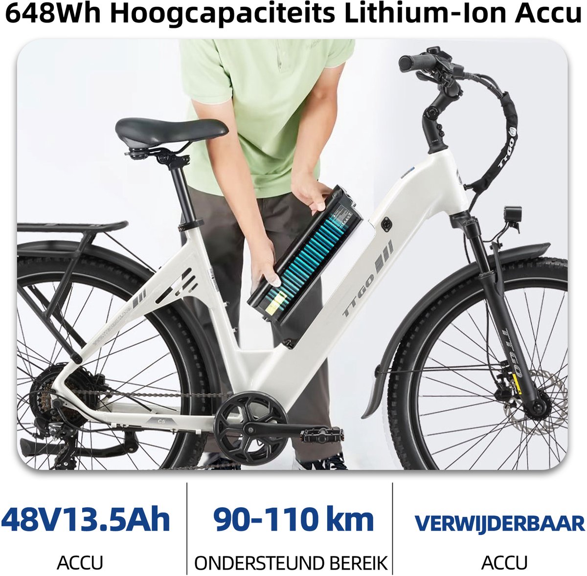 TTGO C5 Elektrische Fiets – 250W Motor – 48V 13.5Ah Accu – 90-110 km Bereik – 27.5"×2.4" Banden – Drievoudige Vering – Shimano 7s – Hydraulische Schijfremmen - Wit thumbnail 4