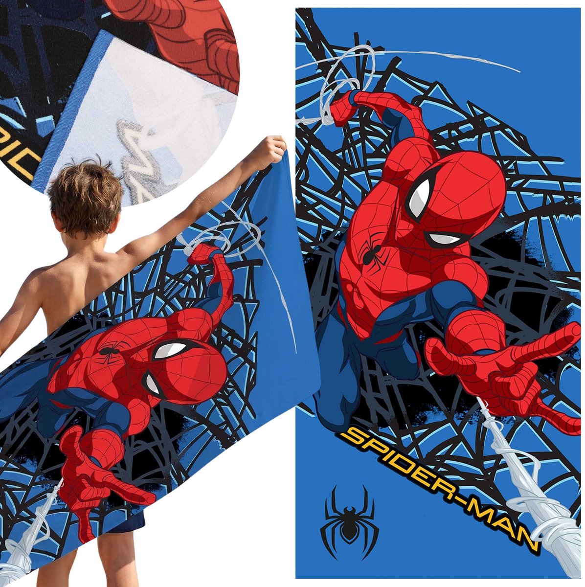 MARVEL Spider-Man Blauw, SNELDROGEND Strandlaken, badhanddoek VOOR JONGENS, microvezel 70x140 cm OEKO-TEX