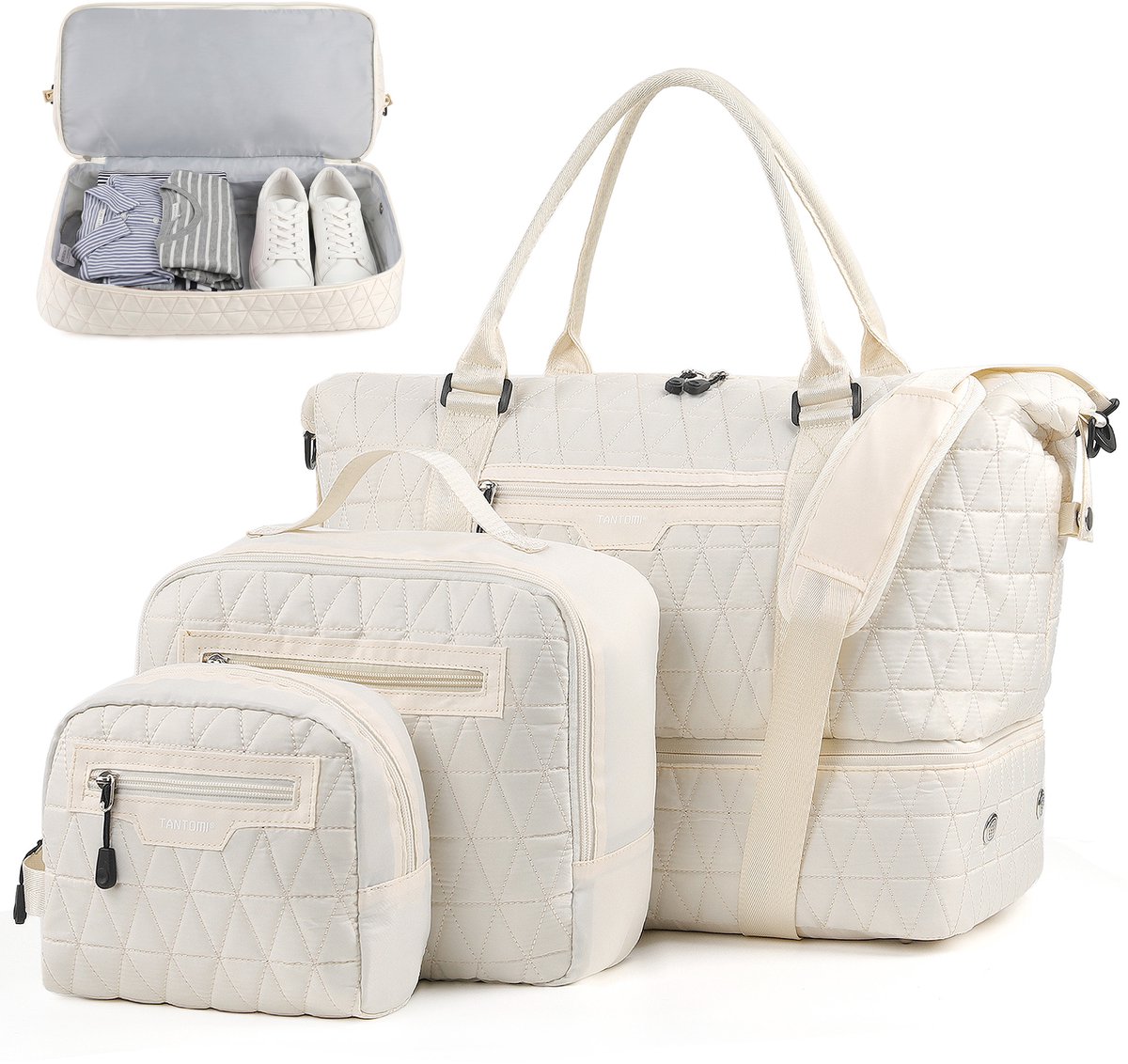 TANTOMI - Reistas - Handbagage Tas voor dames en heren - 46x23x35 cm - met make-uptas & toilettas - met schoenenvak - voor reizen, fitness, dagelijks gebruik en ziekenhuis - Weekendtas - Sporttas - Crèmewit