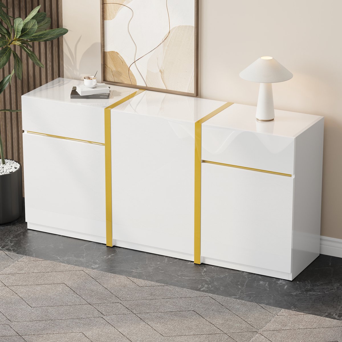 REDOM - Dressoir - Hoogglans afwerking - 3 deuren en 2 lades - Verstelbare planken - Moderne stijl - Woonkamer, eetkamer en hal - MDF en spaanplaat - Wit - 160 x 40 x 78 cm
