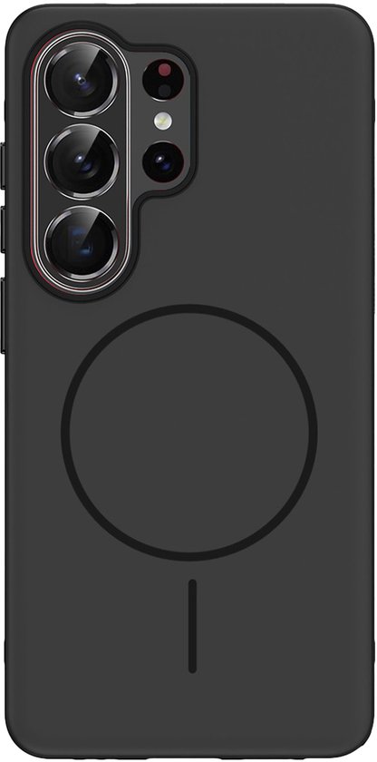 Zwarte telefoonhoes met een cirkelvormige magnetische ring en uitsparing voor camera.