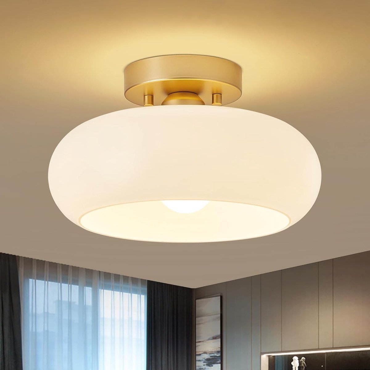 SnelShoppen - Moderne Witte Glas Deckenleuchte met Gouden Accenten, E27 Fitting, 28cm - Stijlvolle Plafondlamp voor Woonkamer, Slaapkamer, Keuken, Hal