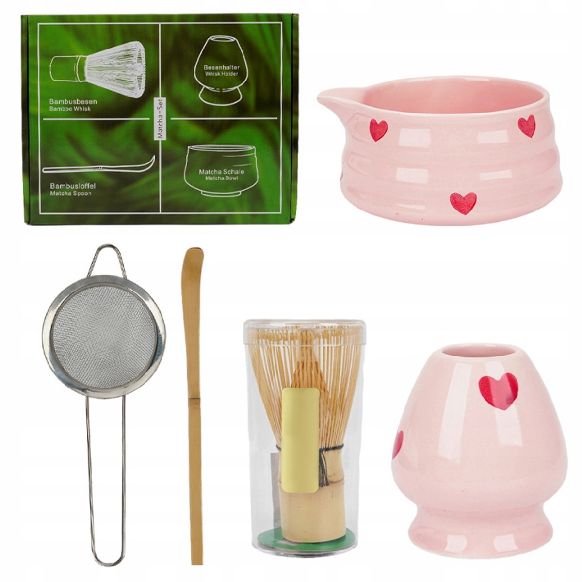 Japanse Matcha Set - Keramische Matcha Set - Bamboe Keramische Accessoires - 5-delige Set - Japanse Matcha Kom - Inclusief een kom, een kopje, een garde, een zeef en een bamboe garde - Roze