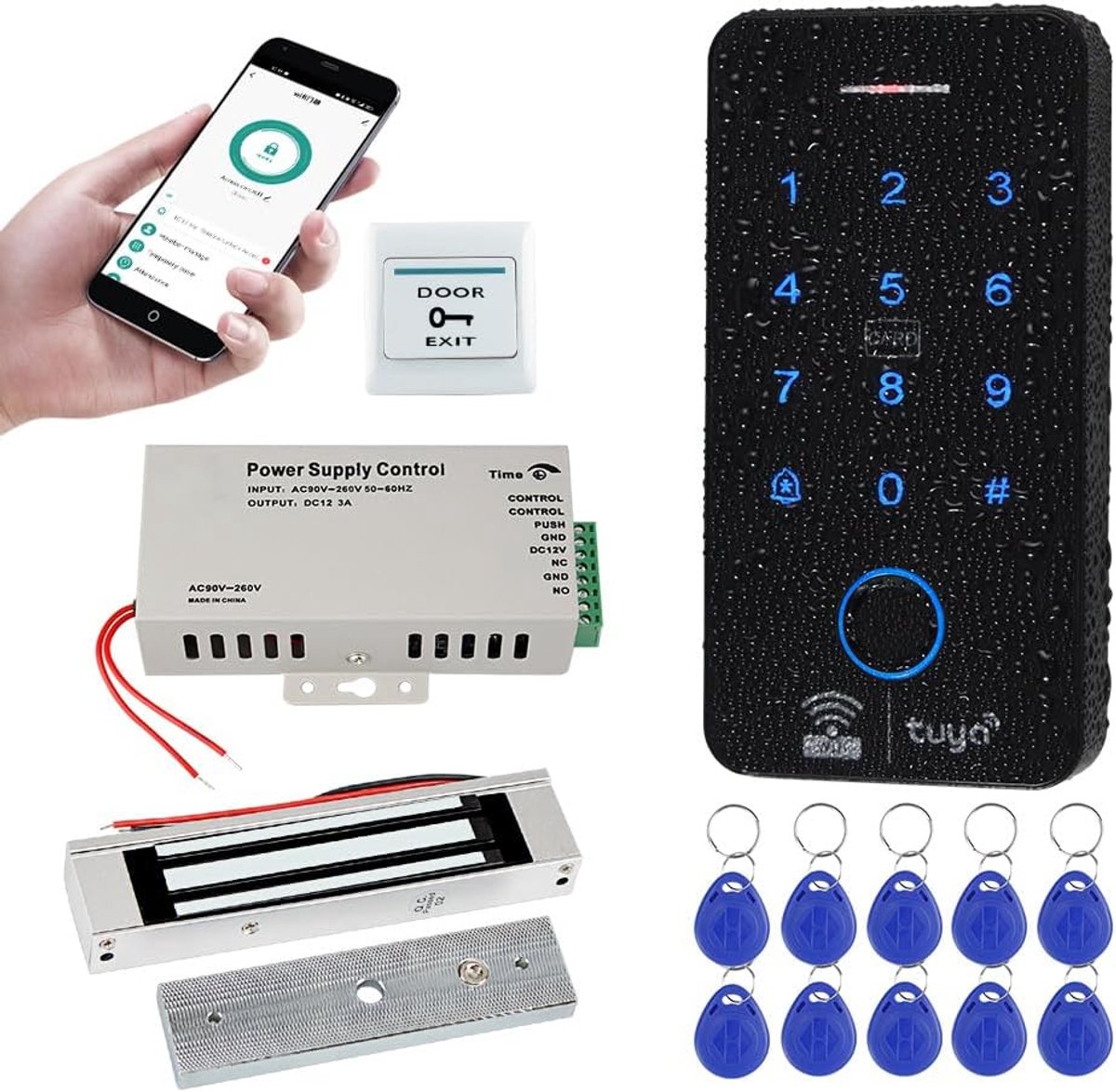 SnelShoppen - Tuya WLAN Toegangscontrolesysteem, Biometrisch RFID Toetsenbord, IP68 Waterdicht, Vingerafdrukslot + Elektromagnetisch Slot 180 kg + 10