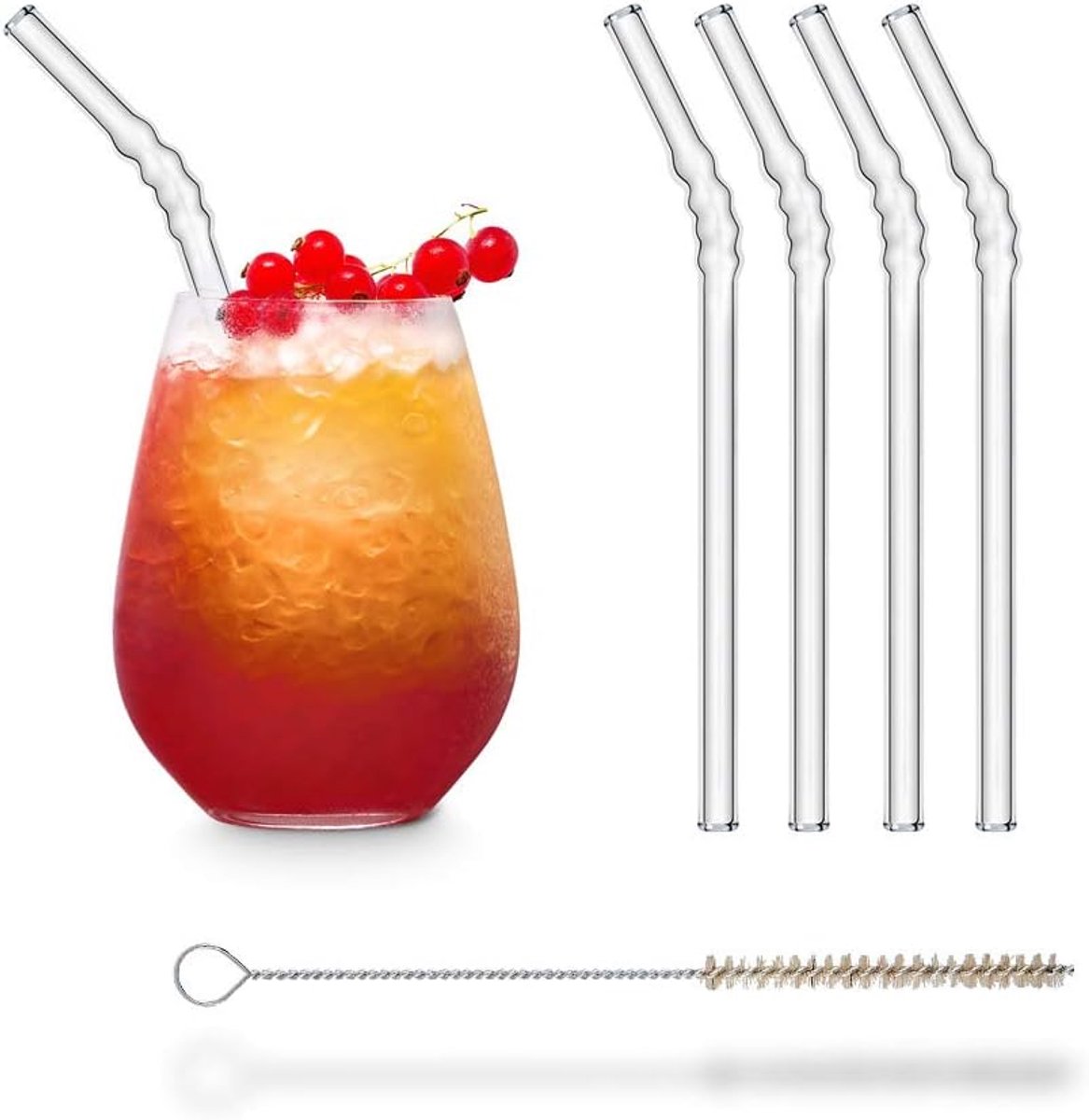 glazen drinkrietjes voor kinderen in harmonicastijl 4 stuks gebogen 20 cm herbruikbaar glazen zuigbuisjes glasrietjes + plasticvrije schoonmaakborstel zuigbuis drinkbuis.