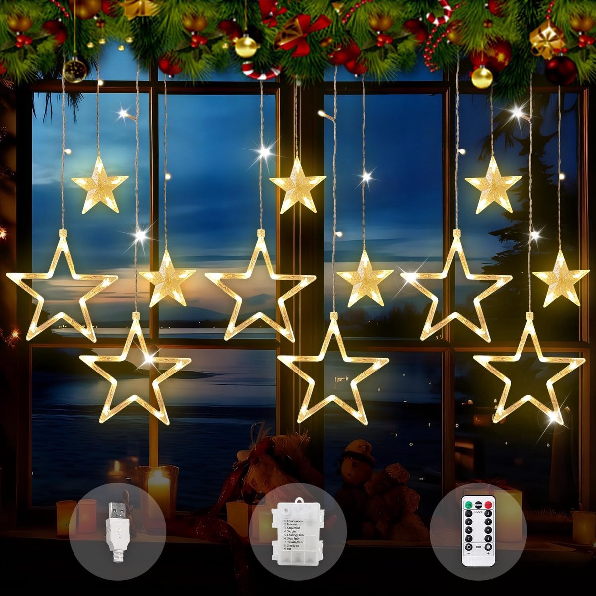 Raam Sterren, 3.5m Lichtgordijn Ramadan Batterij/USB met Timer, 8 Modes Sterren Slinger Gordijn voor Binnen Balkon IP44