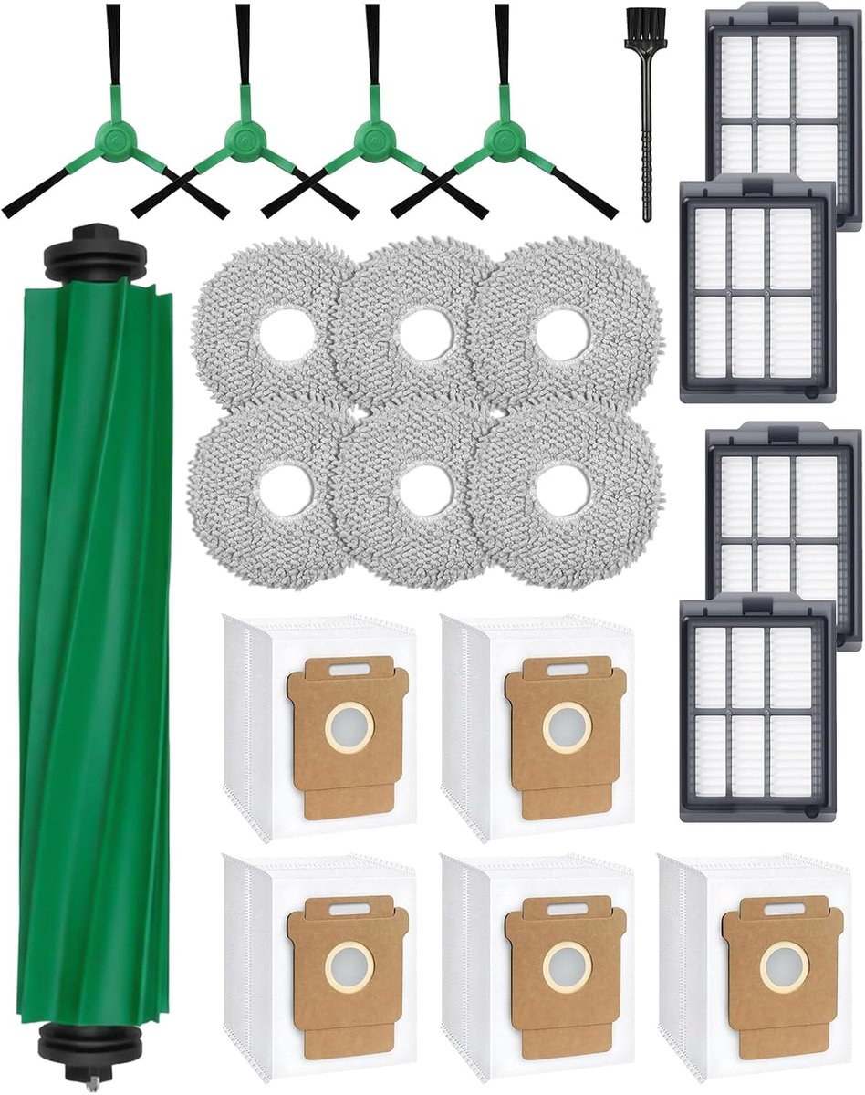Accessoiresets voor iRobot Roomba Plus 405/505 Combo-Robotstofzuiger: 1 Hoofdborstel, 4 Zijborstels, 4 HEPA-Filters, 5 Stofzuigerzakken, 6 Doekjes, 1 Borstel