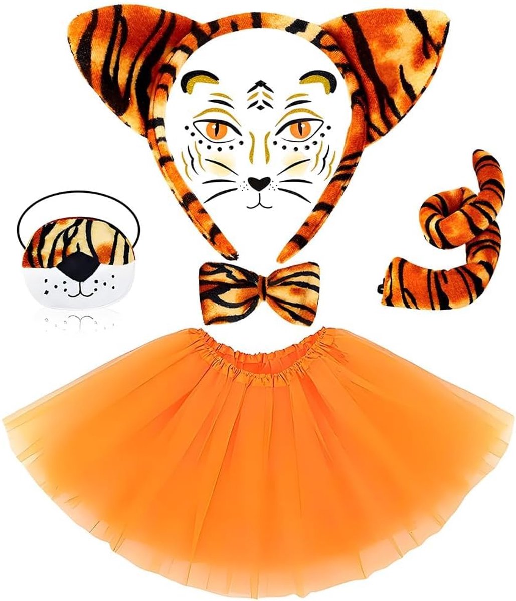 7-delig, zebrakostuum voor dames, kinderen, dierenkostuum, handschoenen, sokken, rok, hoofdband, staart, tijdelijke gezichtstattoo voor dierenkostuum, cosplay