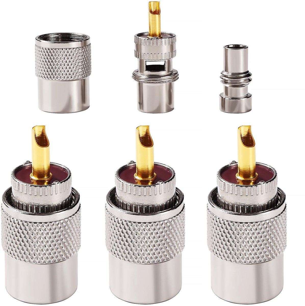 3 Stuks UHF/PL-259 Mannelijke Soldeer Coax Connector met Verloopstuk, Teflon Materiaal 50ohm voor RG8x, RG8, RG59, LMR-400, RG-213 Coaxiale Kabel, Compatibel met CB Ham Radio Antenne