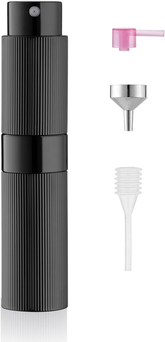 8ml Zwarte Aluminium Parfum Verstuiver, Navulbare Reis Parfumflesje met Glazen Binnenfles, Mini Perfume Atomizer voor Tas, Reizen, Cologne, Aftershave en Dagelijks Gebruik.