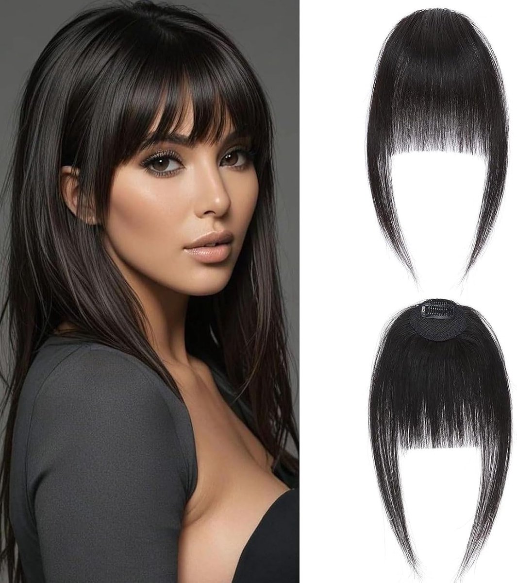 Clip in Fringe Human Hair Extensions 1b Clip in Bangs with Temples Neat Fringe Remy Hair Hairpiece for Women Natural Black 9g Airy Bangs Daily Wear