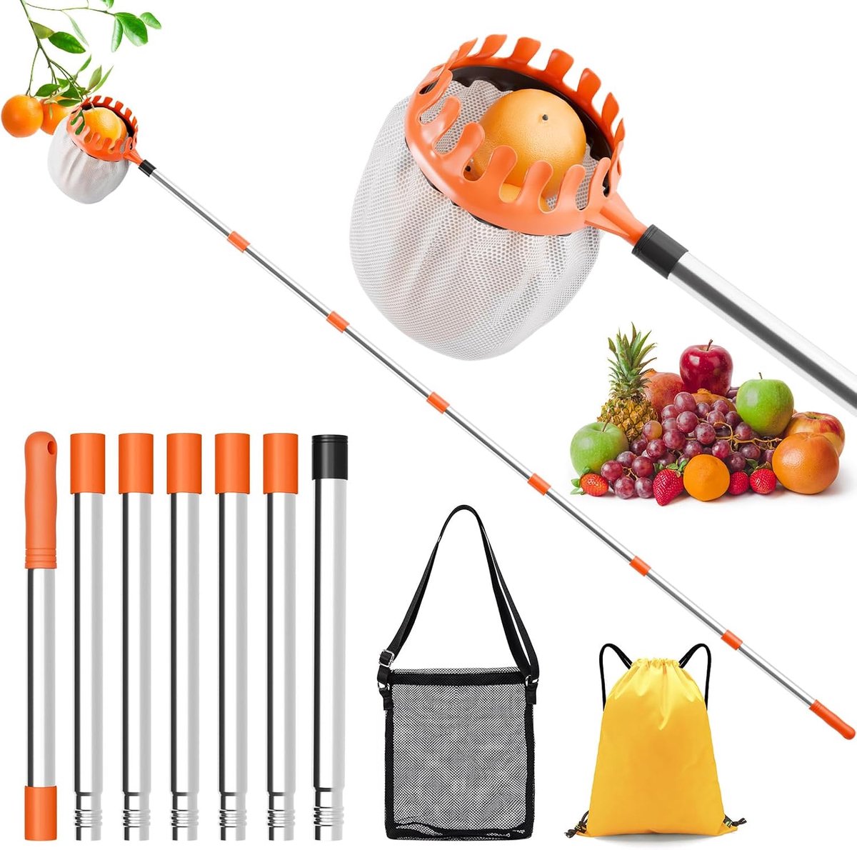 Fruitploeg voor kers, diameter 16 cm, kersenploeger, appelploegende kersenplukker met telescopisch handvat en katoenen zak, pruimenplukker voor het bereiken van ontoegankelijke plaatsen in fruitbomen