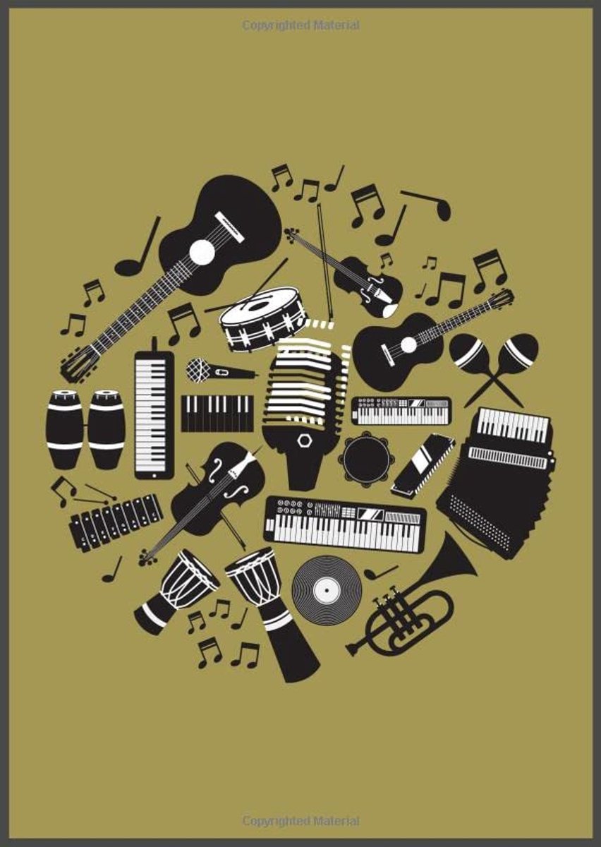 Blanco bladmuziek, 11 notenbalken per pagina, 120 pagina’s, A4 formaat, zachte kaft met een illustratie van muziekinstrumenten