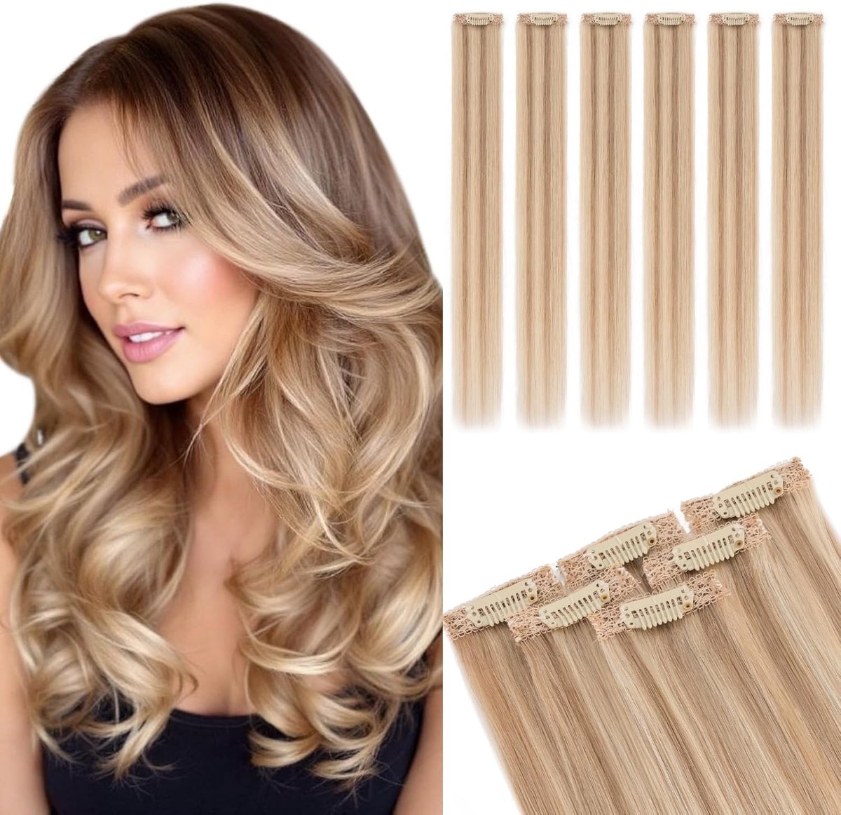 Clip-in extensies van echt haar, 6 stuks, 30 cm, haarverlenging, natuurlijk, Single Clip Hair Extension highlights voor vrouwen, glad, Goudbruin & Blond (#12P613, 33g)