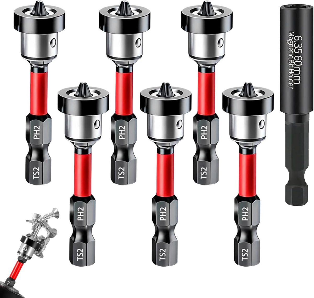 7 stuks gipsplaten bits, 1/4 inch magnetische rigips PH2 bit met diepteaanslag, zeskantige schacht, gipsplaten schroevendraaierbits, met 60 mm houder, droogbouwschroevendraaier voor gipsplaten