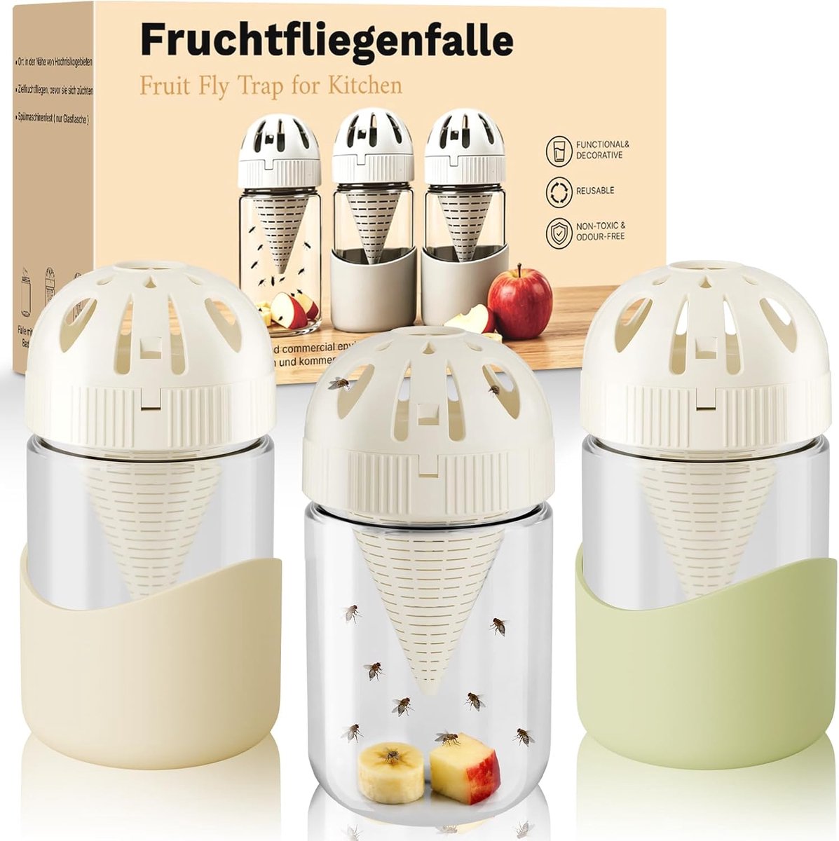 3 stuks fruitvliegenval voor binnen, herbruikbare fruitvliegen levende val voor vruchtvliegen permanent losraken, vaatwasmachinebestendige fruitvliegenval