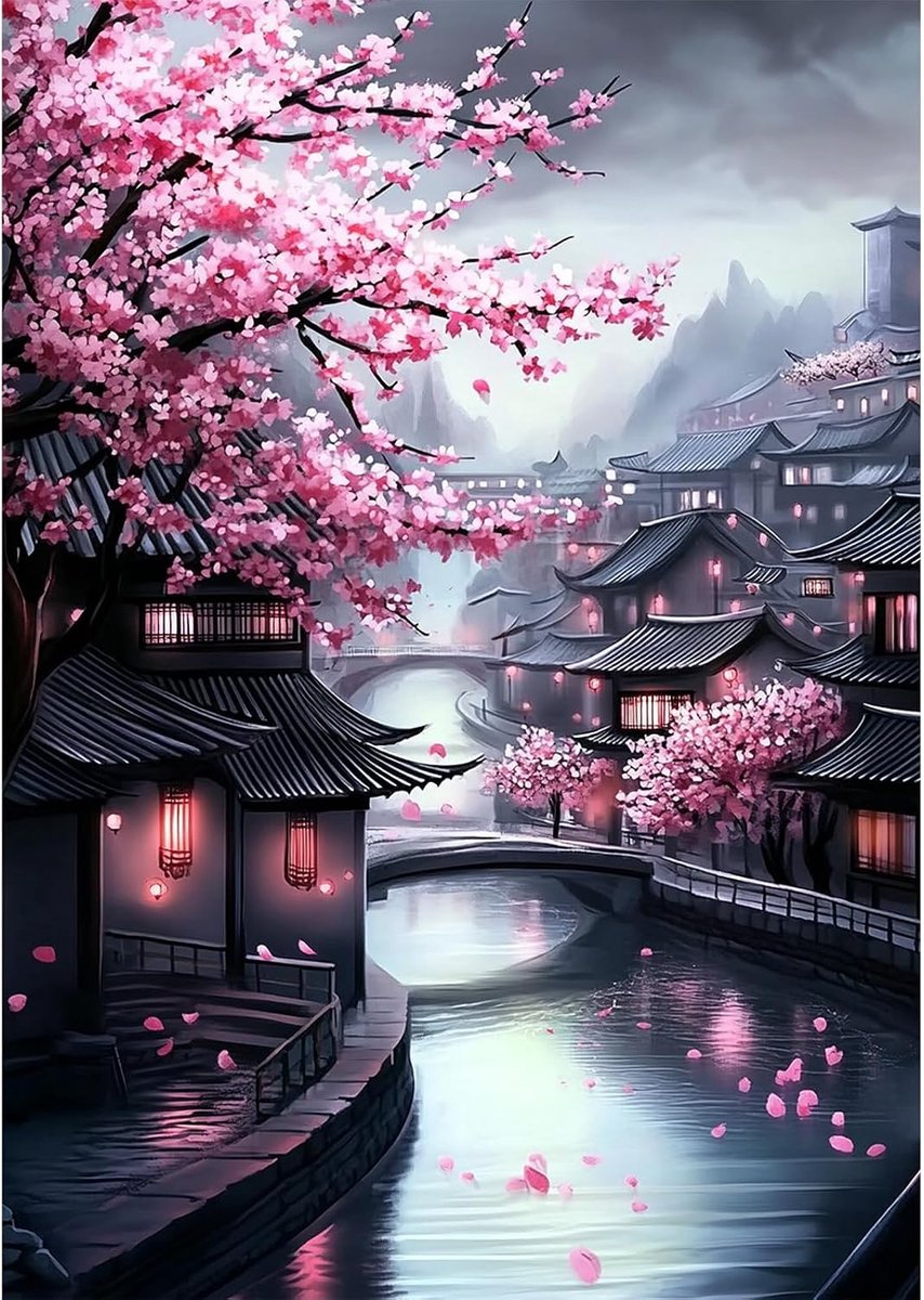 Oude Chinese Architectuur 5D Diamant Schilderij Set voor Volwassenen Kersenbloesems DIY Volledige Boor Kristal Borduurwerk Woonkamer 30x40cm