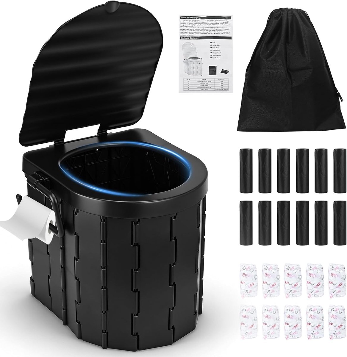 campingtoiletten, inklapbare toiletbril met deksel en toiletpapierhouder, toilet voor camping, draagbaar toilet voor auto, camping, wandelen, vrachtwagen, camper, strand