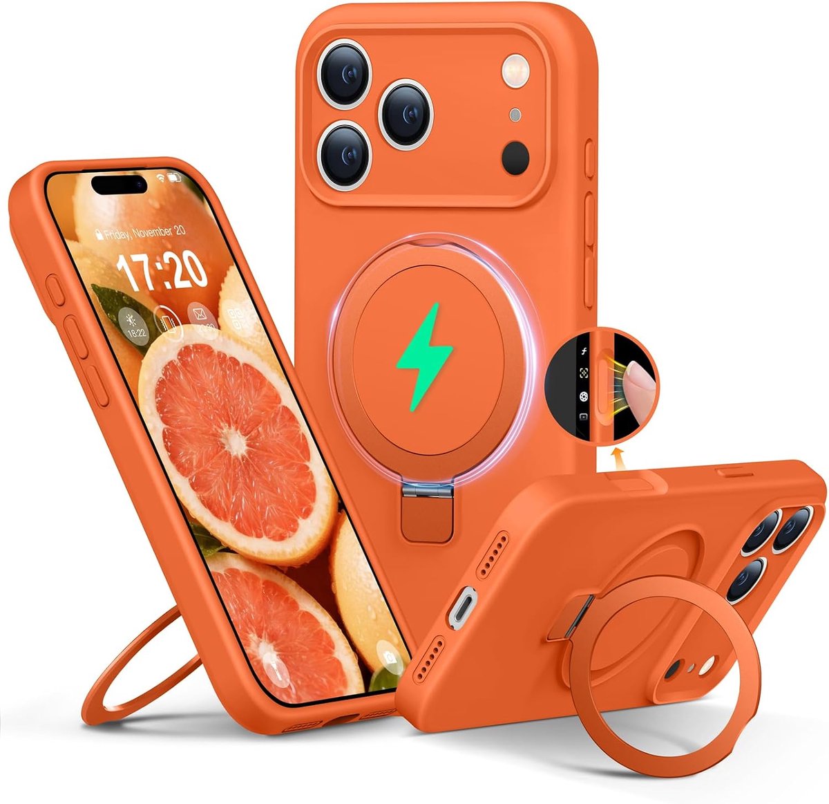 siliconen hoes voor iPhone 17 pro met magnetische ringstandaard, geüpgraded camerabescherming Mil-Grade Drop Shockproof Anti-Kras Microfiber voering siliconen hoes (Oranje)
