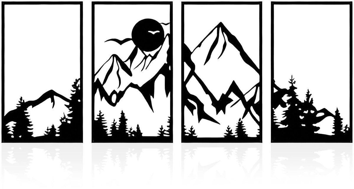 Omgoods - 4 Stuks Zwarte Berg Wanddecoratie - Minimalistisch Metalen Schilderijen voor Binnen en Buiten