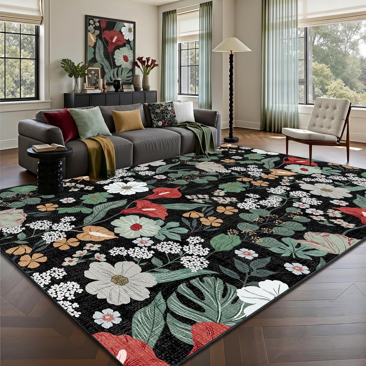 Omgoods - Zwart Bloem Tapijt 120 x 180 cm - Machinewasbaar en Antislip