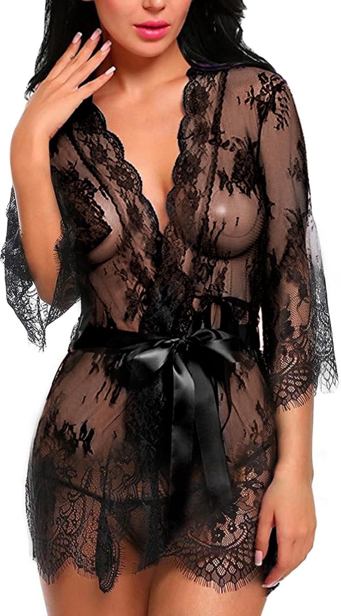 Negligee Sexy dessous voor dames, babydoll, nachtkleding, jurk met V-hals, nachthemd, kant, nachtjurk, kimono, ochtendjas, set, prikkelend, korte robe met G-string, riem