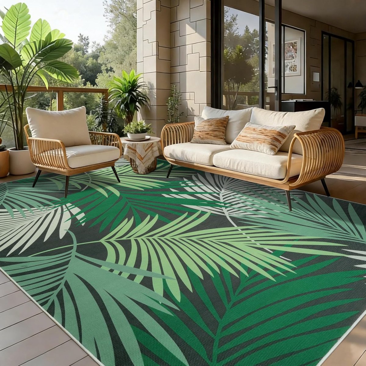 Vloerkleed voor binnen en buiten, woonkamer, sisal-look, plat, met motief groene bladeren, 160 x 230 cm