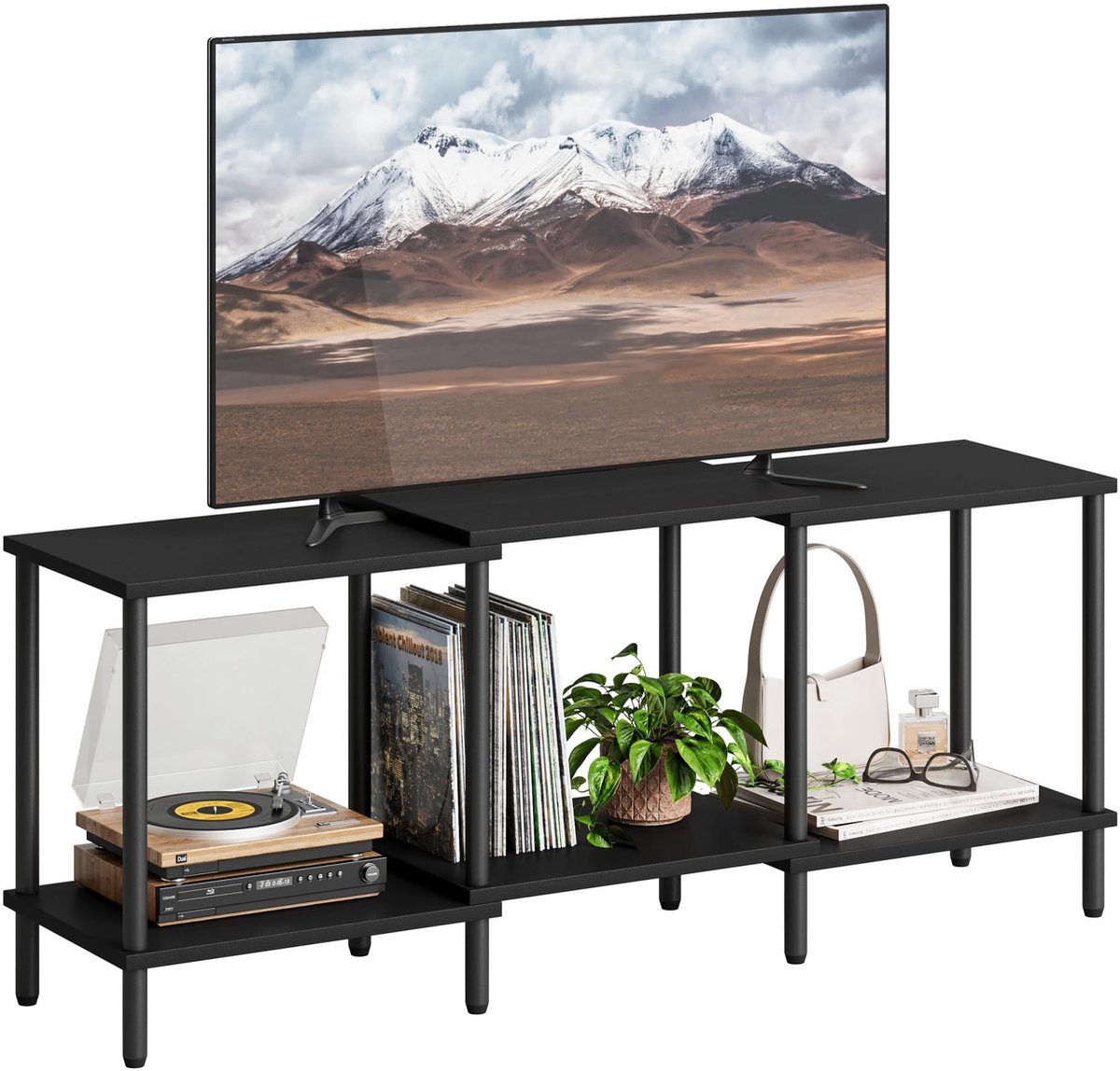 Omgoods - Tv-kast van Hout met Open Vakken - Zwart - 2 Niveaus