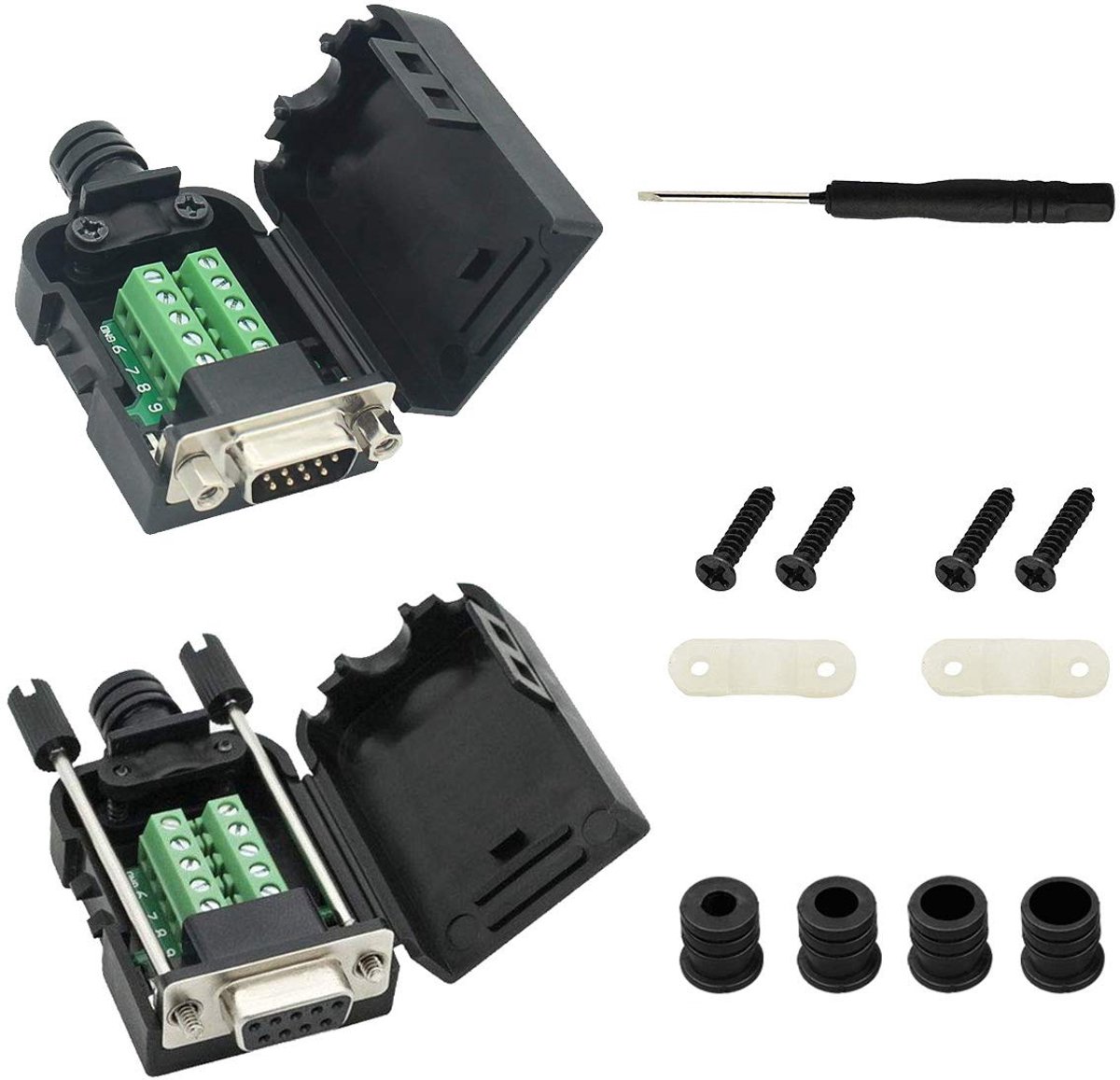2 STUKS DB9 D-SUB Connector 9Pin Mannelijke En Vrouwelijke 2 RIJ Terminals Adapter Breakout PCB Board Voor DIY Met sleufschroevendraaier + Draad Cover