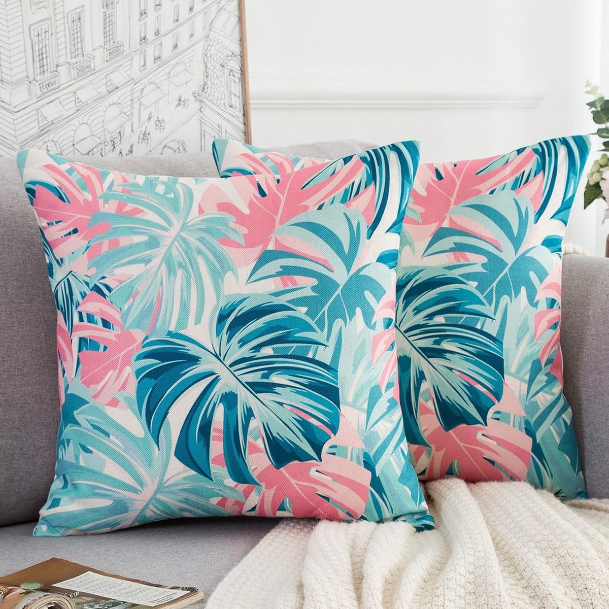 SnelShoppen - Kussenhoezen voor Bank 45 x 45 cm Palmblad Groen Tropisch Botanisch Decoratief Voor Lente Zomer 2 Stuks Polyester