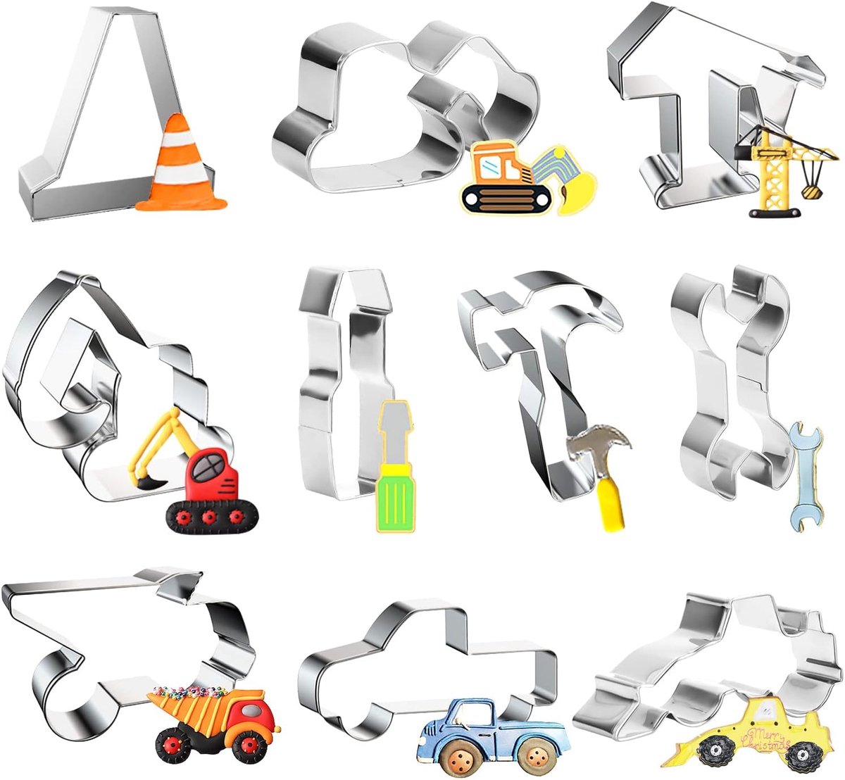 SnelShoppen - Cookie Cutter Set voor Kinderen - 10 Verschillende Bouwvoertuig Vormpjes - Excavator, Tractor, Bulldozer, Foodgrade RVS - Perfect voor F