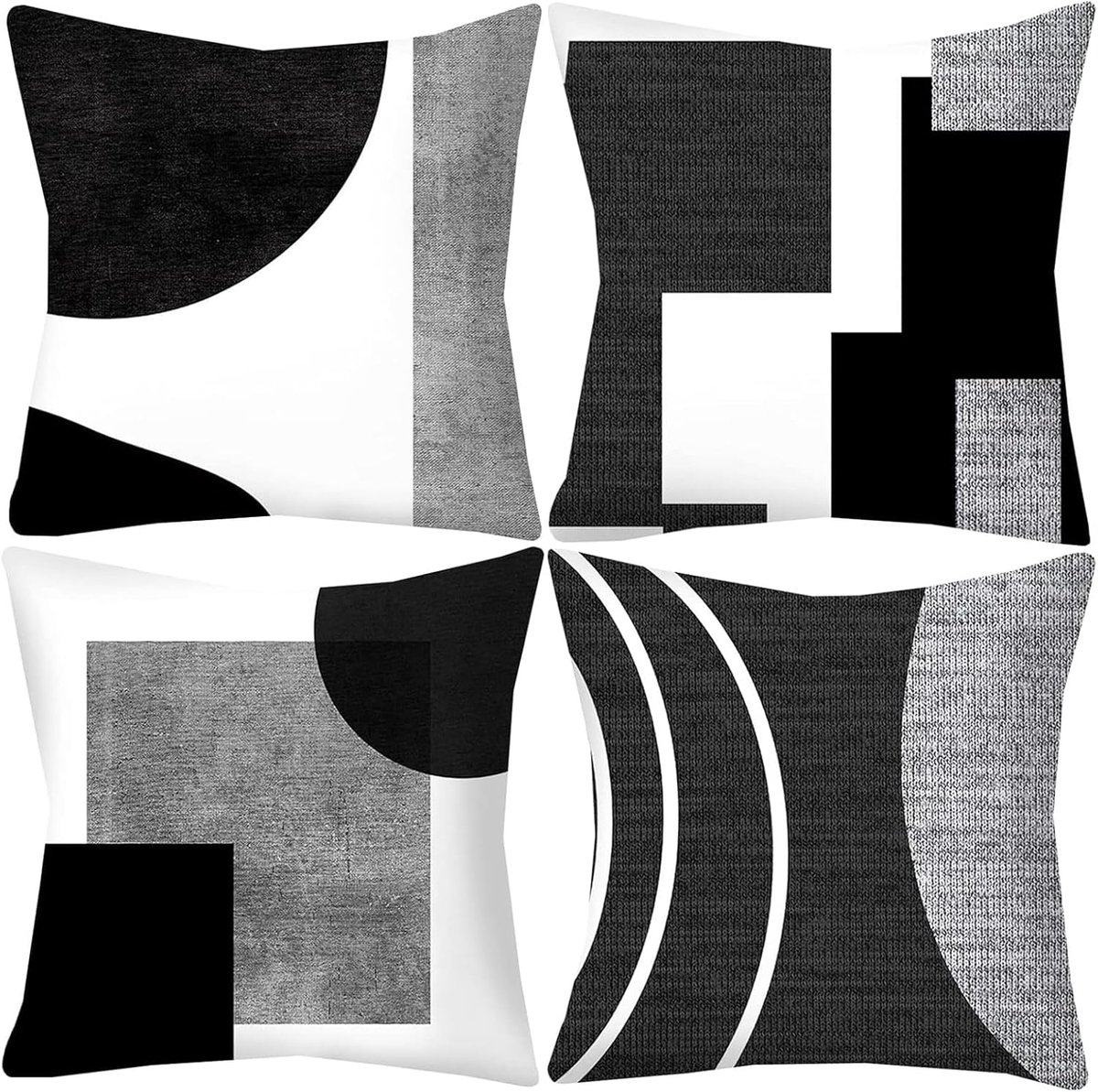 SnelShoppen - Set van 4 abstracte kussenslopen 45 x 45 cm zwart en wit geometrisch design voor bank en woonkamer