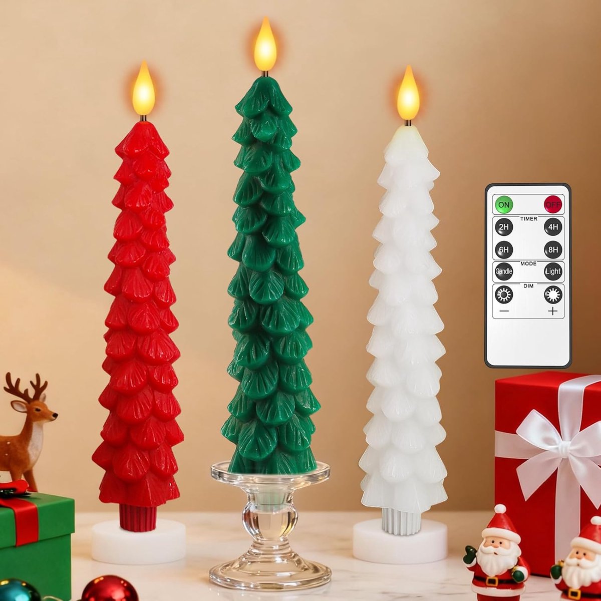 SnelShoppen - Kerstboom Kaarsen met Afstandsbediening, 3 Stuks Echte Was LED Batterij Gevoede Vlamloze Tapered Kaarsen Flicker voor Kerstfeest Haard H