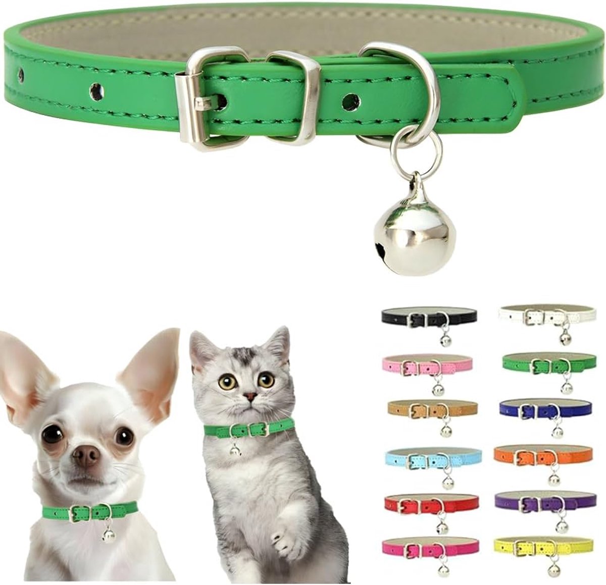 Hondenhalsband XXS groen - PU-leer - met bel - verstelbare gesp voor kleine honden - SnelShoppen