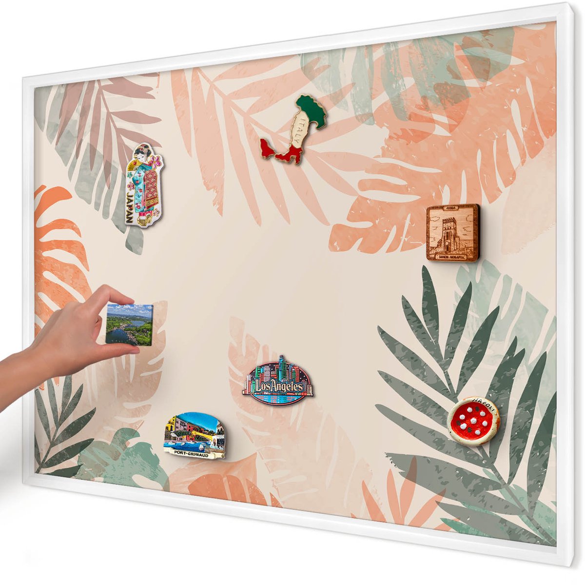 Artprintcave Beige Magneetbord mit Witte Lijst - 100x70 cm - Tropische Bladeren Notitiebord - Modern Bord Voor Magneten - Bloemen En Planten