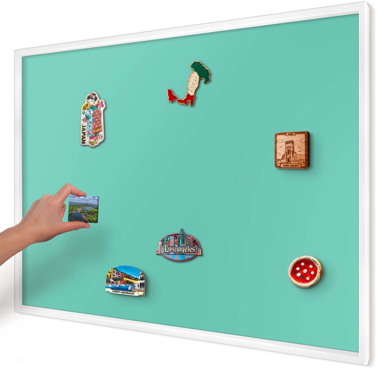 Artprintcave Turkoois Magneetbord mit Witte Lijst - 100x70 cm - Sterke Munt Magnetisch Bord Voor Magneten - Minimalist Magnetische Organizer - Achtergronden En Patronen