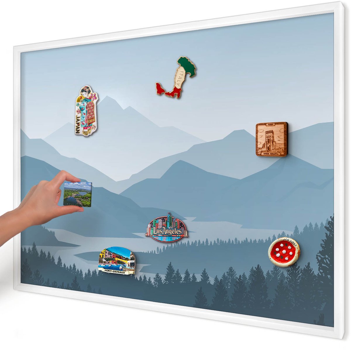 Artprintcave Blauw Magneetbord mit Witte Lijst - 100x70 cm - Berg Harmonie Memobord Keuken - Abstract Magneet Bord mit Frame - Landschappen