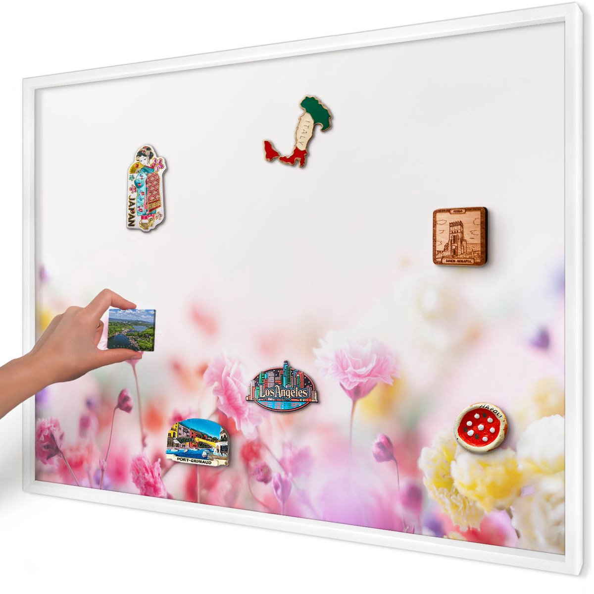 Artprintcave Roze Magneetbord mit Witte Lijst - 100x70 cm - Pastelkleurige Bloemen Magneet Bord mit Frame - Abstract Memobord Keuken - Bloemen En Planten