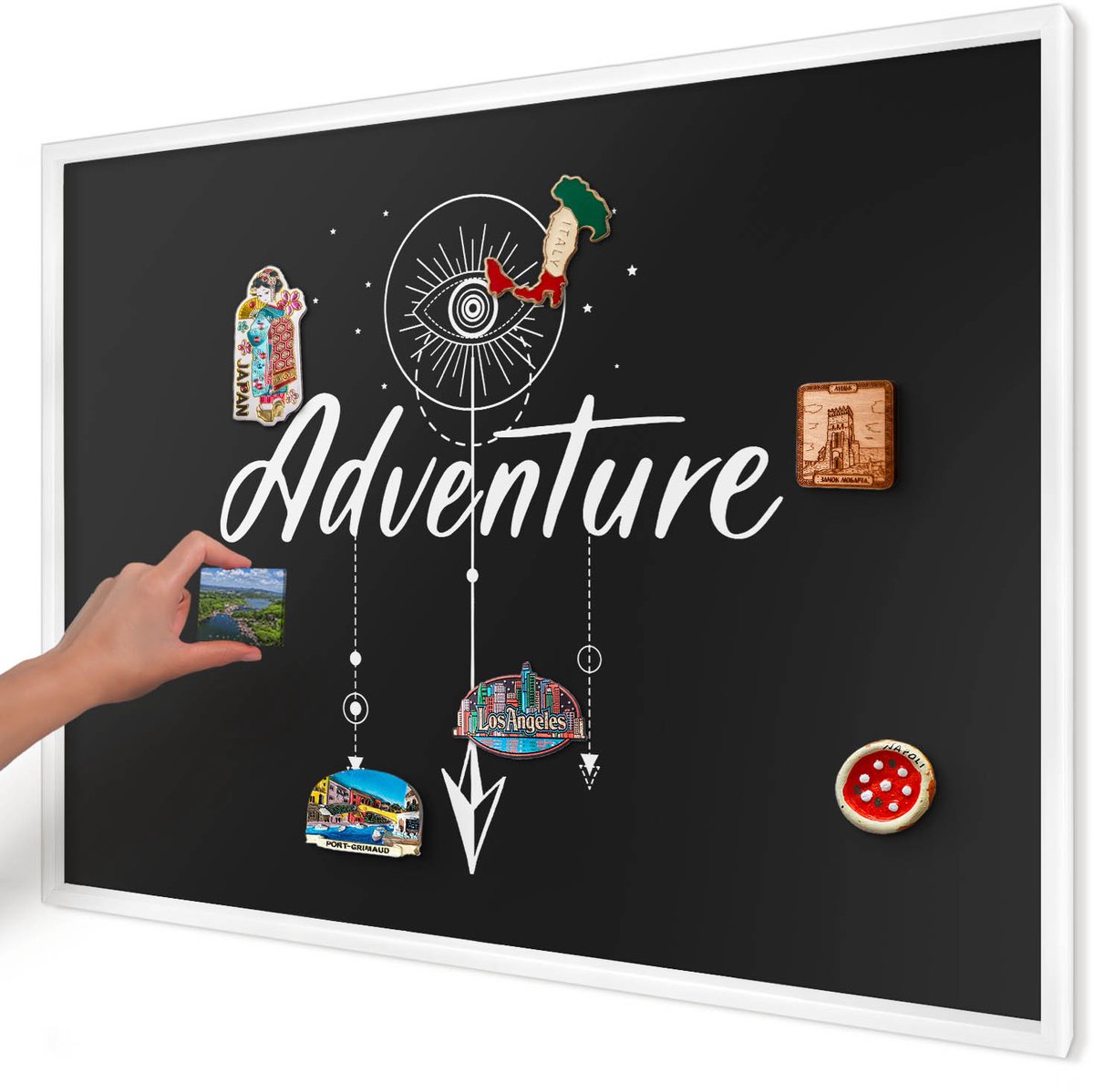 Artprintcave Zwart Magneetbord mit Witte Lijst - 100x70 cm - Avontuur Wacht. Magneetbord Voor Keuken - Typografisch Wandbord Magnetisch - Teksten